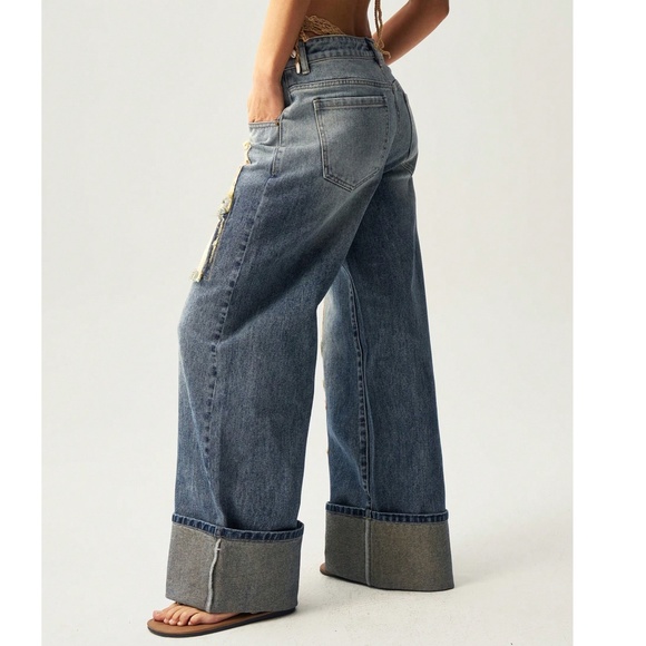 Boho Medium Wash Peace Floral Print Patch Denim Straight Leg Jeans - Picture 4 of 7